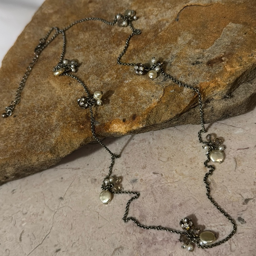 Long Single Strand Necklace-Silver Toned/Faux Pearls/Crystals-18in + 3in ext